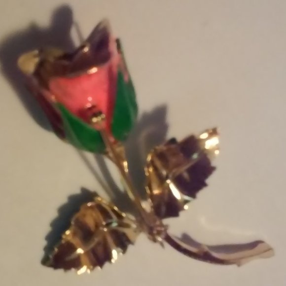 Rose Brooch Pin Gold Pink Green In Original Box New 3" Long 1 3/4" Wide - Picture 5 of 5